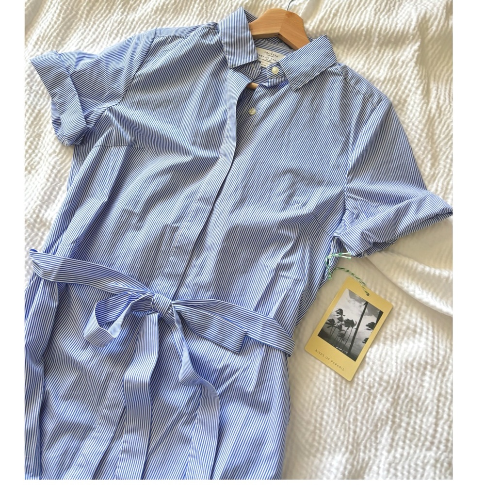 Trovata Birds of Paradis Poplin Coastal Style Belted Midi Shirt Dress